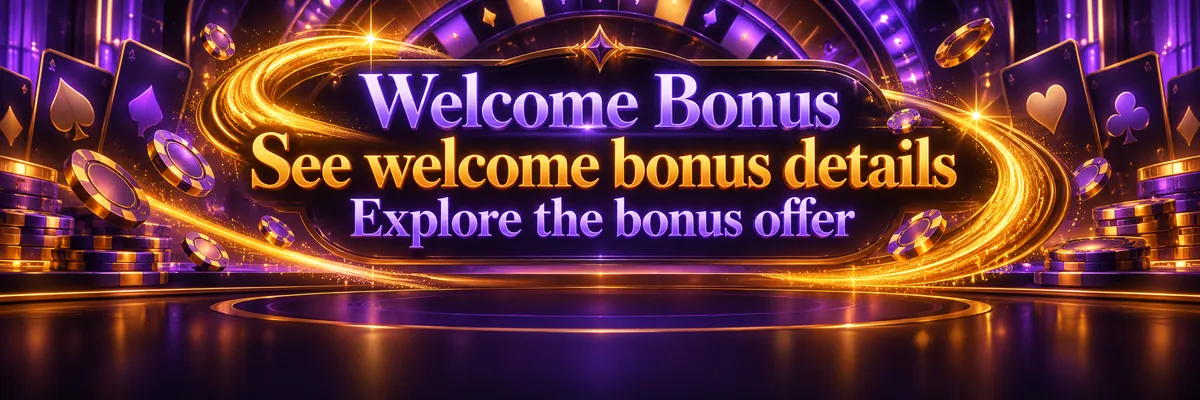 Golden S-shaped lucky comet above a glowing welcome bonus panel in gold and violet.
